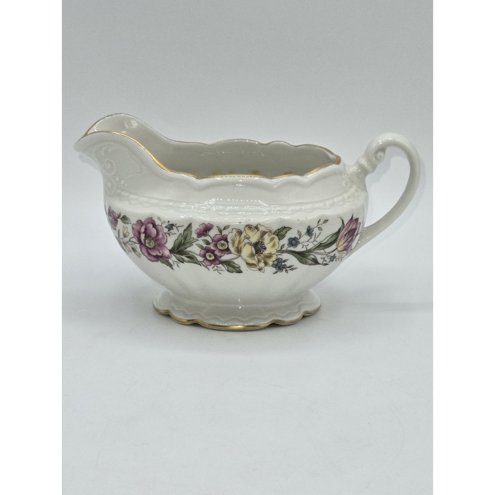 Vintage Embassy USA Vitrified China Floral Gravy Boat Gold Trim Serving Pitcher